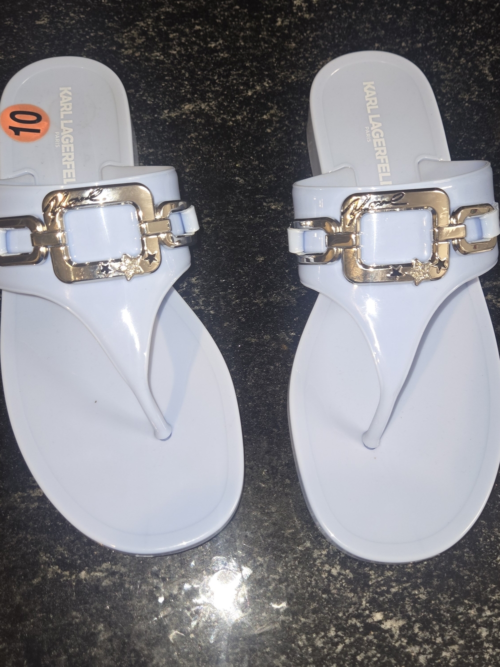 Karl Lagerfeld Pale Blue Patent Thong Sandals with Gold Accent Buckle